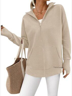 Long Sleeve Zip Up Cardigan Sweater with Thumb Holes and Pocket